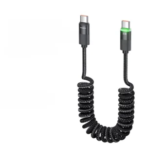 Spiralny kabel Toocki USB-C → USB-C 100W PD 3.0 / QC 3.0, 1,8 m, LED – do samochodu, ciężarówki, laptopa i smartfona