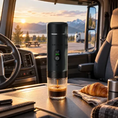 Czarny przenośny ekspres w kabinie ciężarówki – espresso na postoju