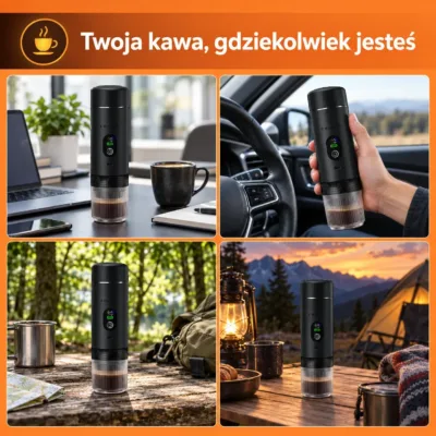 Czarny przenośny ekspres – kawa w podróży, w samochodzie i na kempingu