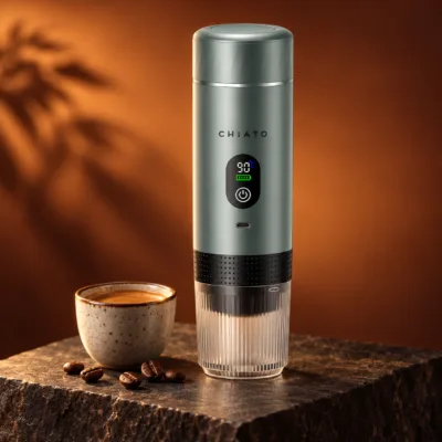 CHiATO brewPLAY Smart – przenośny ekspres do espresso z filiżanką kawy