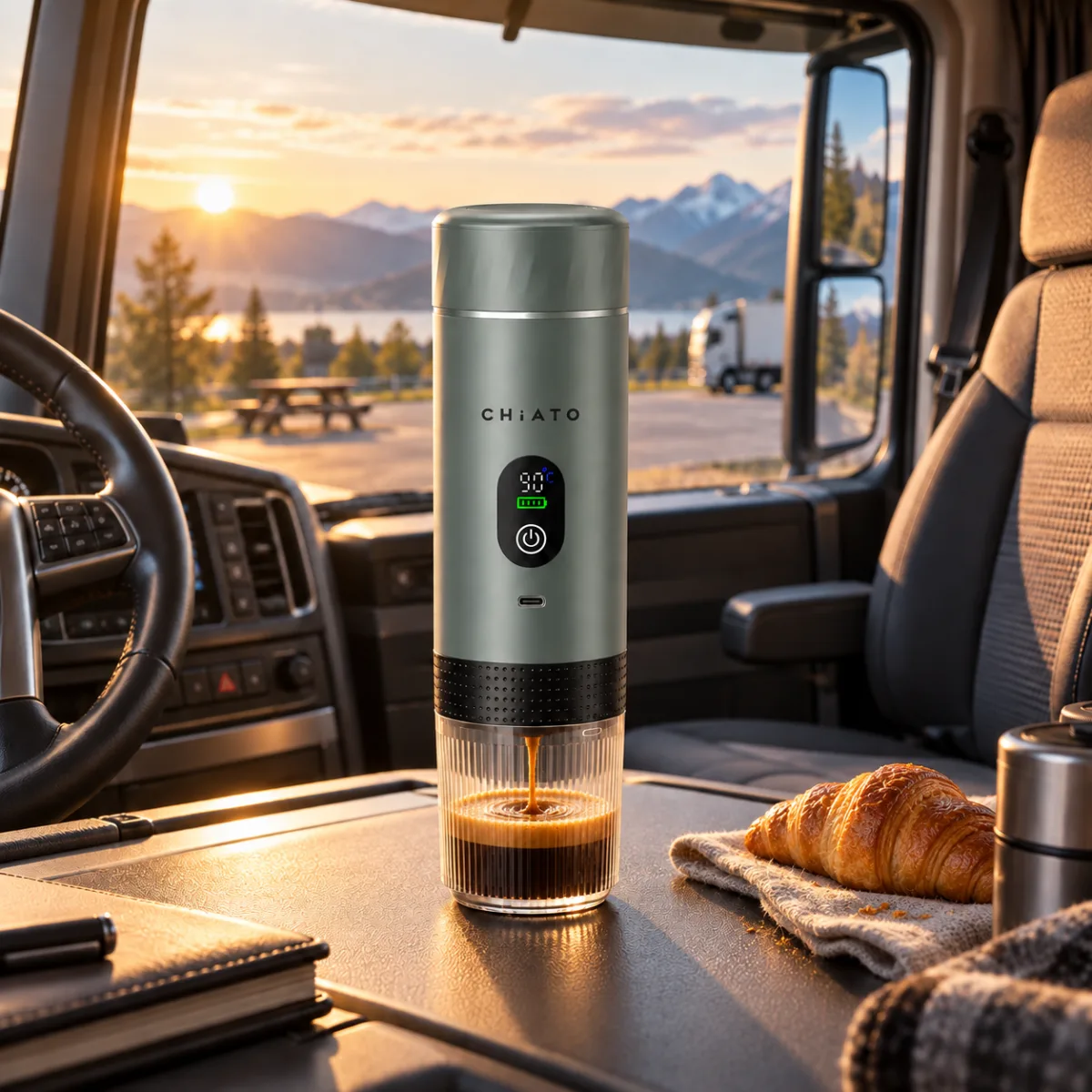 Przenośny ekspres CHiATO brewPLAY Smart w kabinie ciężarówki – espresso na postoju