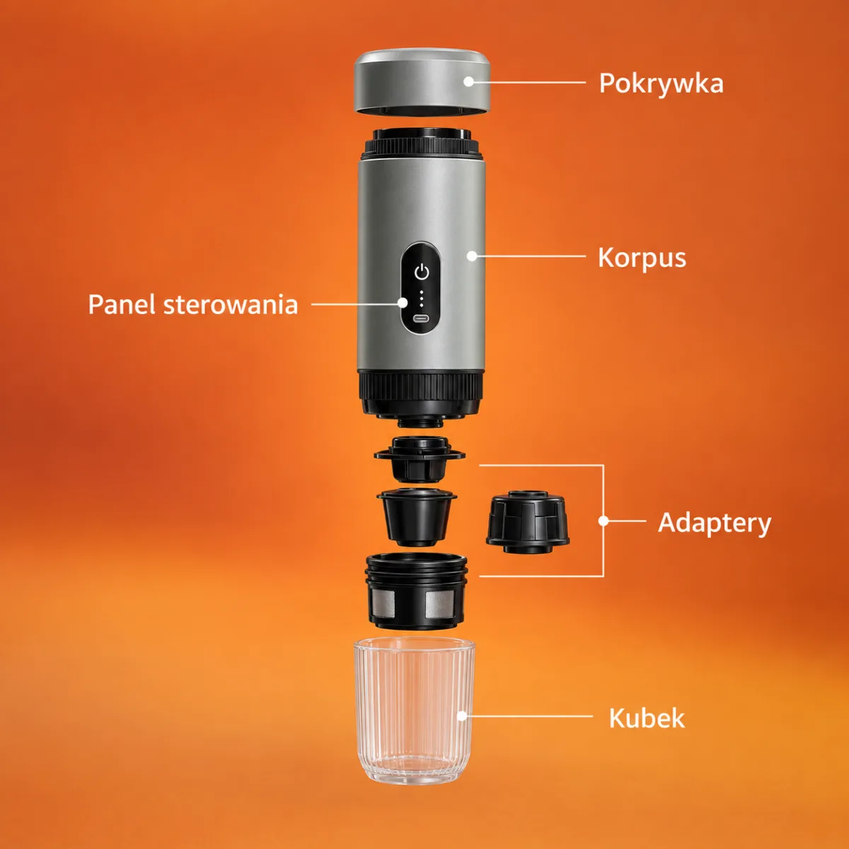 Budowa ekspresu CHiATO brewPLAY Smart – pokrywka, korpus, adaptery, kubek