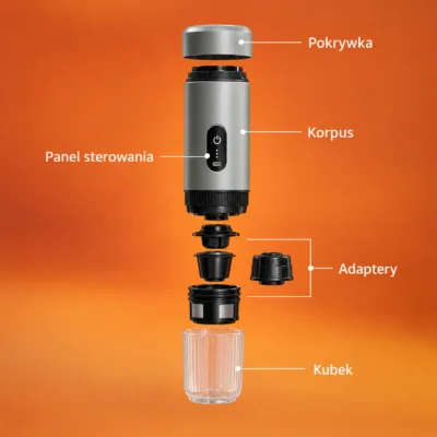 Budowa ekspresu CHiATO brewPLAY Smart – pokrywka, korpus, adaptery, kubek