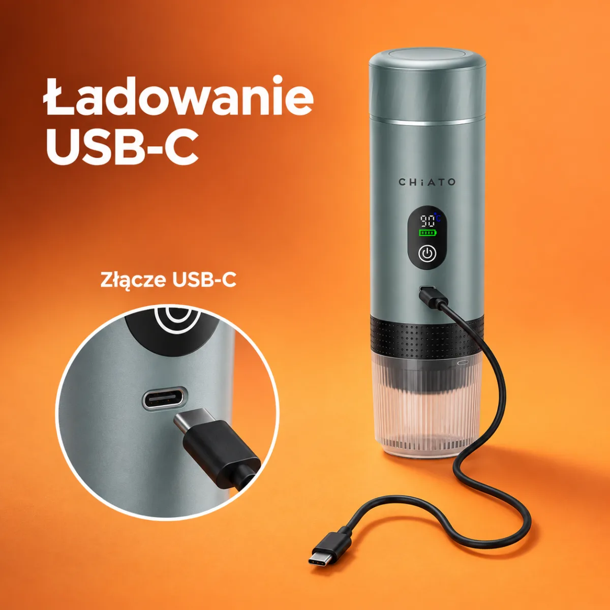 Ładowanie USB-C przenośnego ekspresu CHiATO brewPLAY Smart