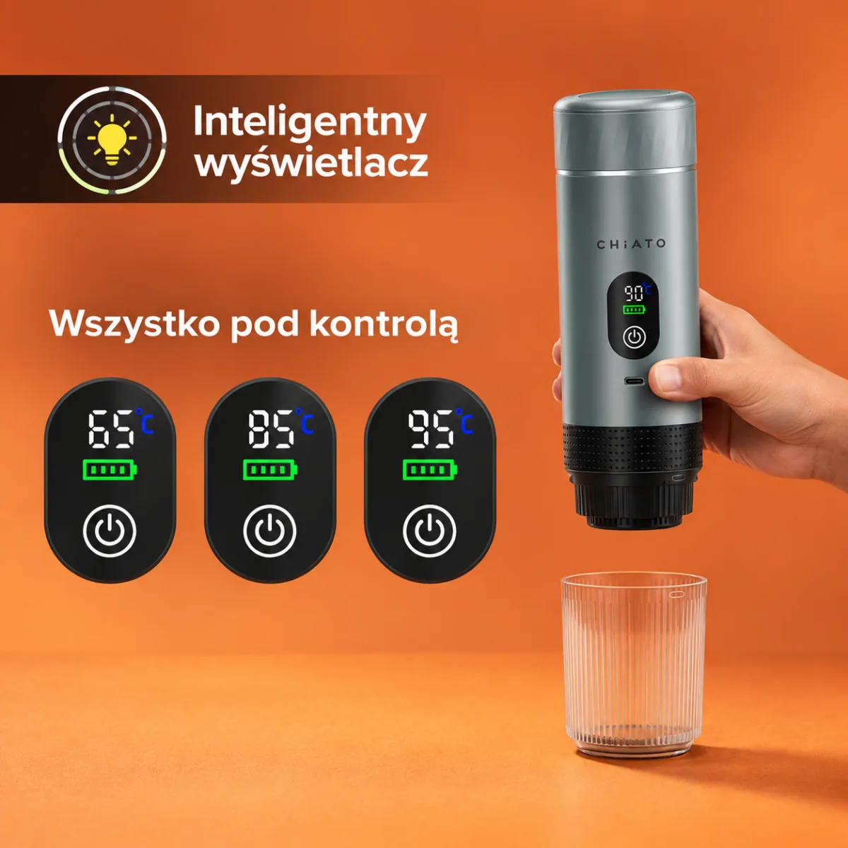 Wyświetlacz LED ekspresu CHiATO brewPLAY Smart – temperatura i poziom baterii