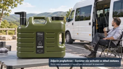 Kanister z elektryczną pompką do wody na postoju przy busie – zdjęcie poglądowe