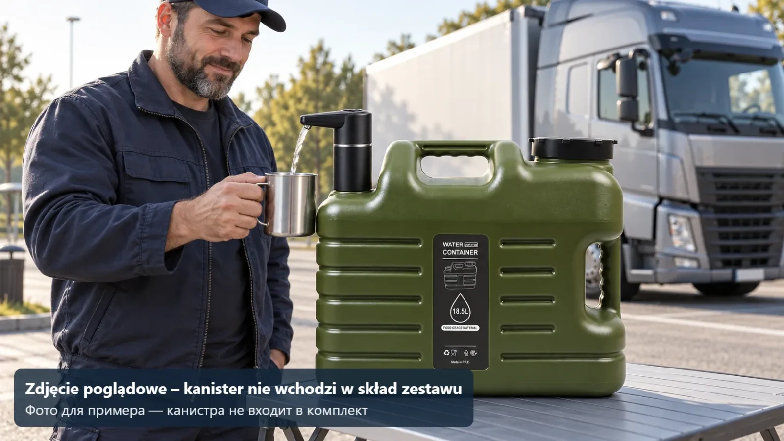 Kierowca ciężarówki nalewa wodę do kubka z kanistra z elektryczną pompką – zdjęcie poglądowe