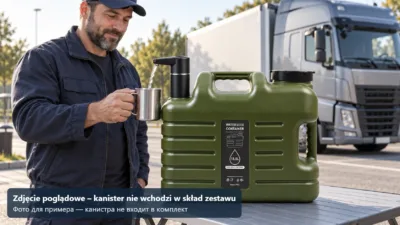 Kierowca ciężarówki nalewa wodę do kubka z kanistra z elektryczną pompką – zdjęcie poglądowe