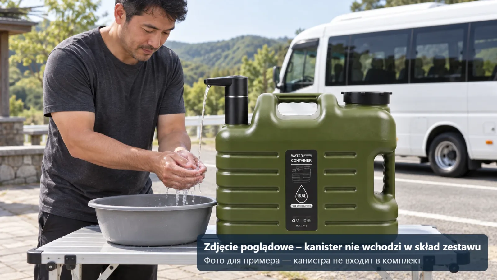 Mycie rąk wodą z kanistra z elektryczną pompką na postoju – zdjęcie poglądowe, kanister nie wchodzi w skład zestawu