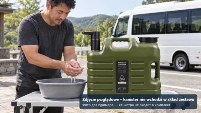 Mycie rąk wodą z kanistra z elektryczną pompką na postoju – zdjęcie poglądowe, kanister nie wchodzi w skład zestawu