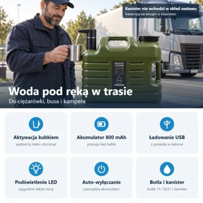 Zalety elektrycznej pompki do wody: aktywacja kubkiem, akumulator 800 mAh, ładowanie USB, LED, auto-wyłączanie