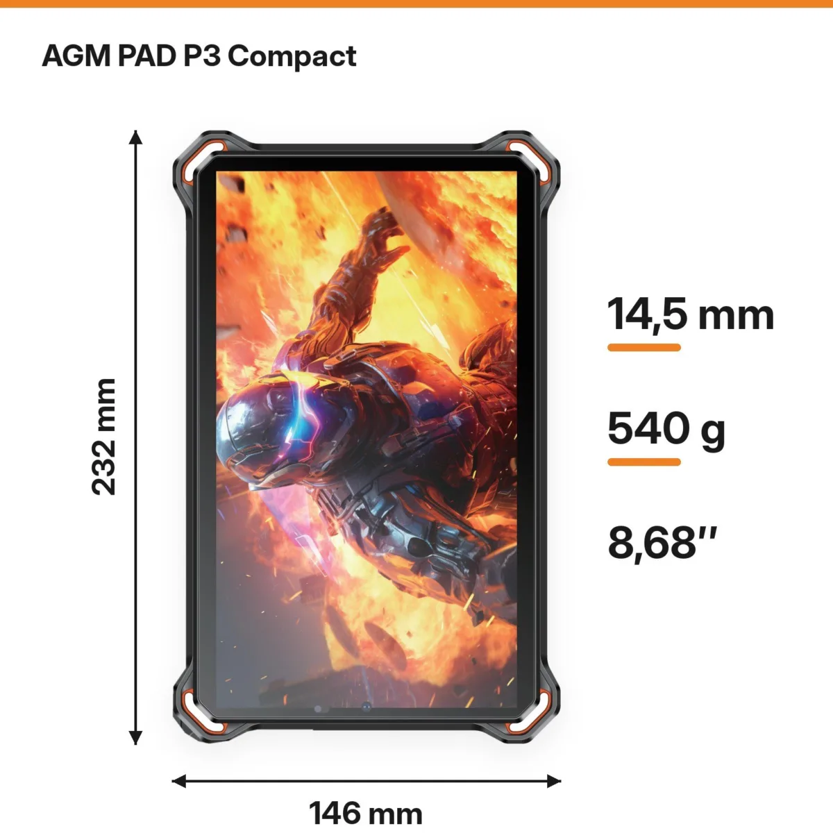 Wymiary tabletu AGM PAD P3 Compact: 232 × 146 × 14,5 mm