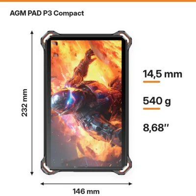 Wymiary tabletu AGM PAD P3 Compact: 232 × 146 × 14,5 mm