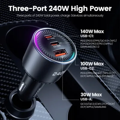 Ładowarka samochodowa 240 W – moc portów USB-C1, USB-C2 i USB-A