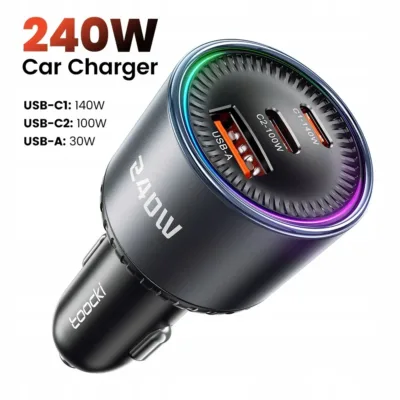 Ładowarka samochodowa 240 W – USB-C1 140 W, USB-C2 100 W, USB-A 30 W