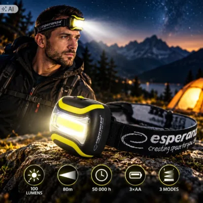 Latarka czołowa COB LED 100 lm, zasięg 80 m, 3 tryby, zasilanie 3 × AA