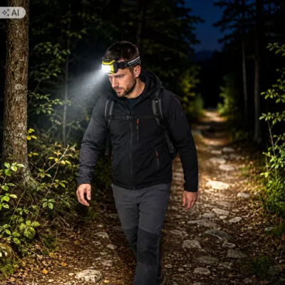Latarka czołowa COB LED podczas nocnego marszu w lesie